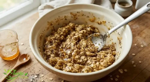 Oats and chia seeds coated in honey mixture in a mixing bow