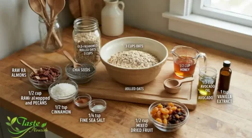 Ingredients for homemade granola with chia seeds arranged on a counter