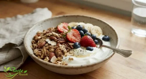Chia seed granola served over yogurt with fresh fruit