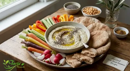 Finished chia seed hummus recipe served with pita and vegetables