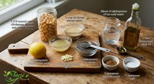 Ingredients for chia seed hummus recipe including chickpeas, tahini, and chia seed