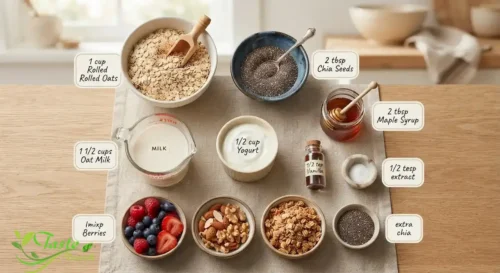 Ingredients for chia seed overnight oats measured in bowls