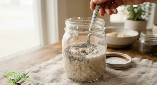 Stirring chia seeds into oats and milk in a mason jar