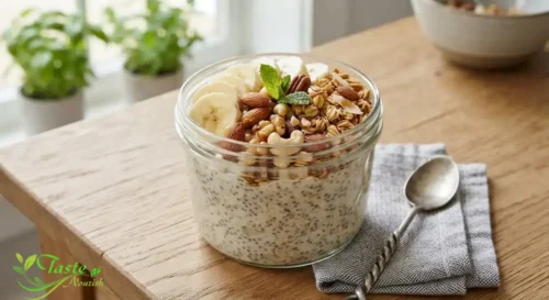 Chia seed overnight oats topped with banana, granola, and nuts