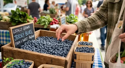 Health Benefits of Blueberries: Hand selecting fresh, firm blueberries at a farmers market