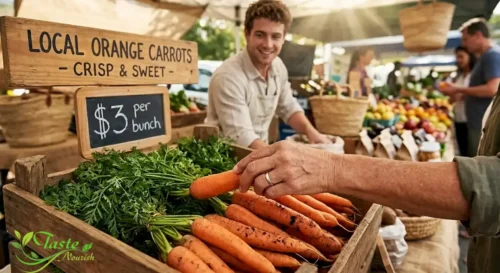 Hand selecting fresh, firm orange carrots at a farmers market---