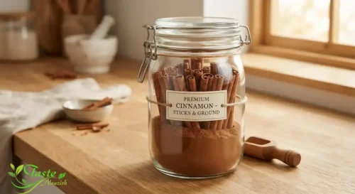 Ground cinnamon and cinnamon sticks stored in a labeled airtight glass jar