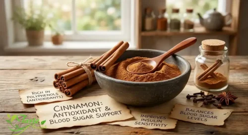 cinnamon powder with cinnamon sticks representing antioxidant and blood sugar benefits