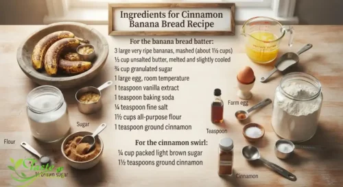 Ingredients for cinnamon banana bread recipe including ripe bananas, cinnamon, and brown sugar
