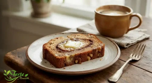 Slice of cinnamon banana bread topped with melted butter 