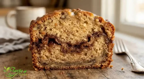 cinnamon banana bread slice showing the cinnamon swirl ribbon