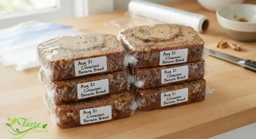 Cinnamon banana bread slices wrapped individually for freezer storage
