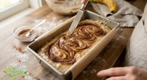 Cinnamon-sugar layer being swirled into banana bread batter 