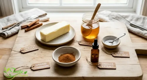 Ingredients for cinnamon butter recipe including softened butter, honey, and ground cinnamon