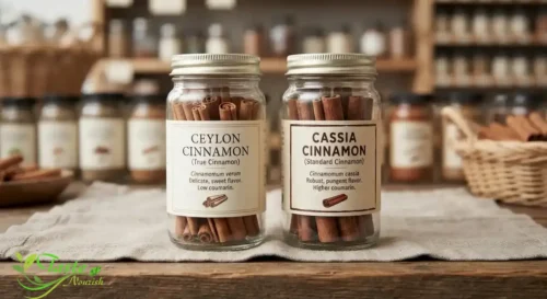 Ceylon vs Cassia Cinnamon: Two cinnamon jar labels side by side, one marked Ceylon and one marked cassia, for spotting the difference at the store