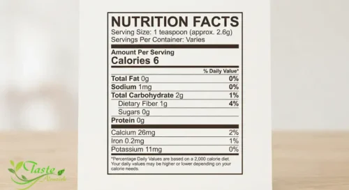 Nutrition facts chart for one teaspoon of ground cinnamon, including calories, fiber, and calcium