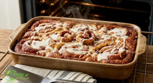 Golden baked cinnamon roll casserole fresh out of the oven