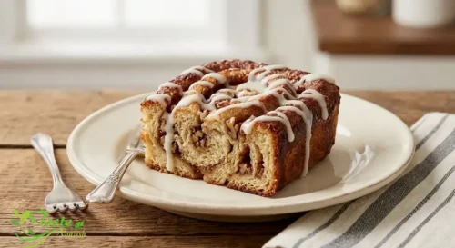 Slice of cinnamon roll casserole served on a plate with icing drizzle