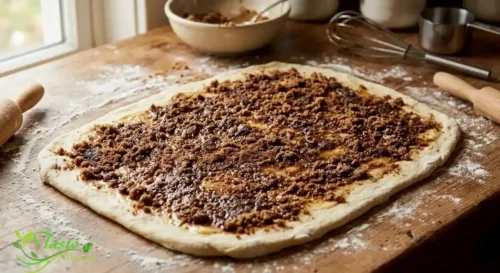 Rolled cinnamon roll dough spread with butter, brown sugar, and cinnamon filling