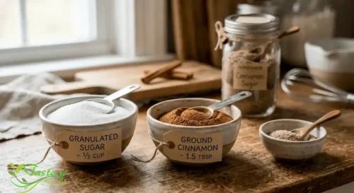 Granulated sugar and ground cinnamon measured out for a cinnamon sugar recipe