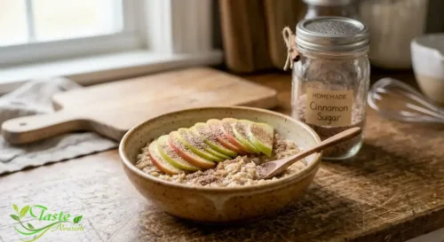 Bowl of oatmeal and sliced apples sprinkled with cinnamon sugar