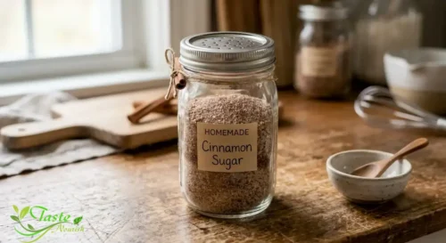 Cinnamon sugar recipe stored in a shaker jar for easy sprinkling