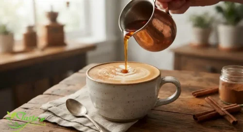 Cinnamon simple syrup being poured into a latte