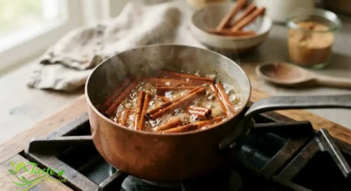 Cinnamon sticks simmering in sugar syrup