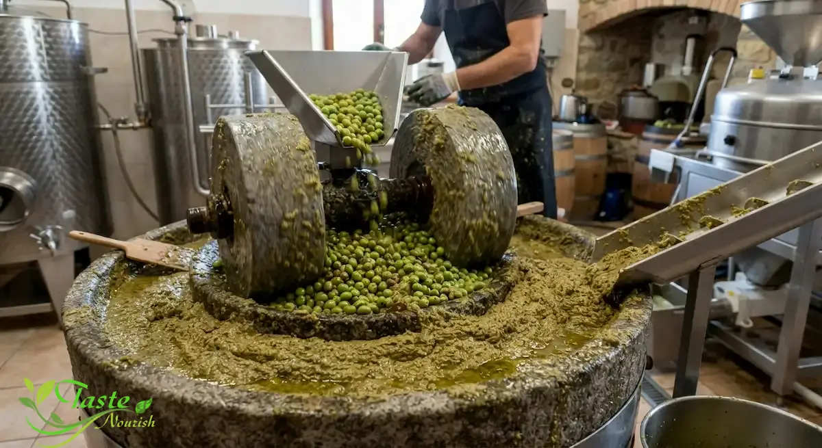 Cold Pressed Olive Oil Meaning: What It Really Tells You About Your Bottle Green olives being crushed into paste for cold pressed olive oil