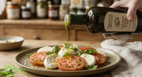 Cold pressed olive oil being drizzled over a finished dish