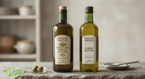Side-by-side comparison of extra virgin and refined olive oil bottles