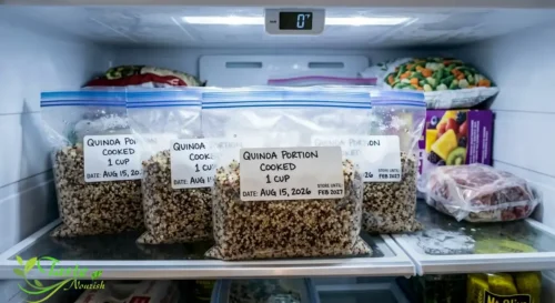 Portioned cooked quinoa in labeled freezer bags for long-term storage