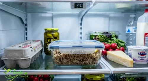 Cooked quinoa stored in an airtight container in the refrigerator