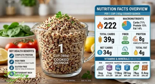 Nutrition facts overview for one cup of cooked quinoa
