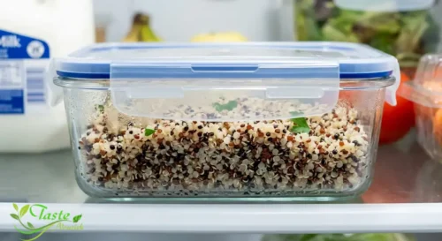 Does Quinoa Go Bad: Cooked quinoa in a clear airtight container ready for the refrigerator