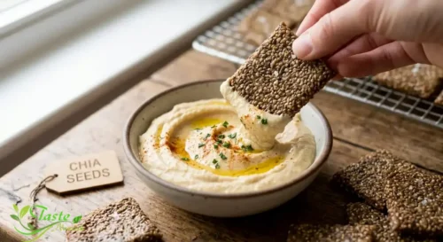 crisp chia seed crackers dipped in hummus