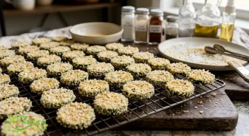 Breaded zucchini chips arranged on a wire rack before baking