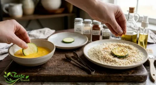 Zucchini slice being dipped in egg wash and coated in seasoned panko breadcrumbs