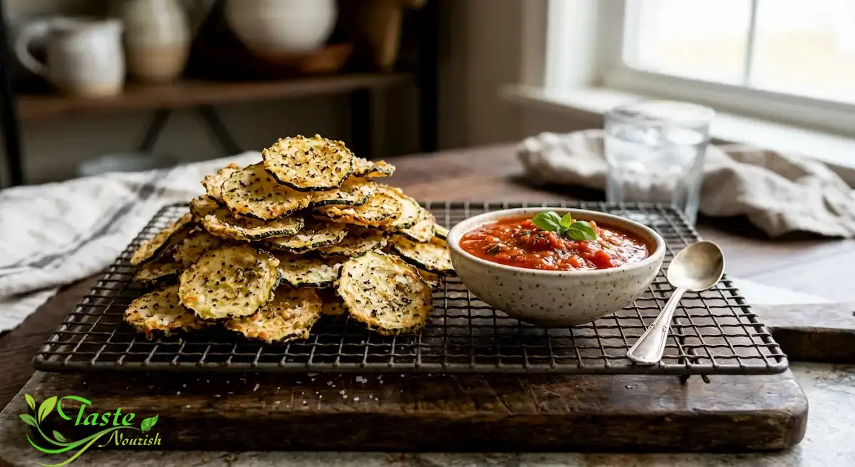 Crispy Baked Zucchini Chips Recipe (Healthy Oven-Fried Alternative) Crispy baked zucchini chips stacked on a wire rack with marinara dip