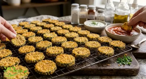 Golden baked zucchini chips served on a platter with dipping sauces