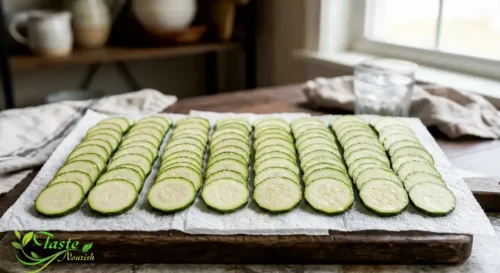 Crispy Baked Zucchini Chips Recipe: Thin zucchini rounds salted on paper towels to draw out moisture