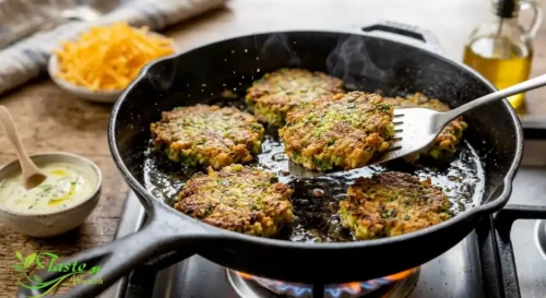 Crispy broccoli fritters pan-frying in a skillet until golden brown