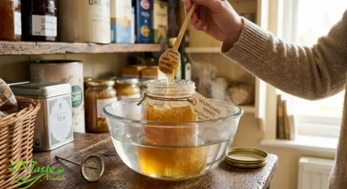 How to Store Honey: crystallized honey being warmed in a water bath to return to liquid form