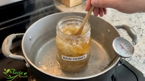 Organic Honey Meaning: Crystallized honey jar warming in a water bath to reliquify