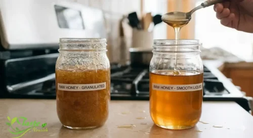Side-by-side comparison of crystallized honey and liquid honey