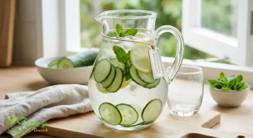 Cucumber Water Content Hydration: Cucumber infused water in a glass pitcher for hydration benefits
