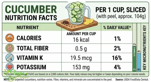 Cucumber nutrition facts chart showing calories, fiber, vitamin K, and potassium per cup