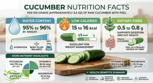 Cucumber Water Content Hydration: Cucumber nutrition facts- water, calories, and fiber per 100 grams