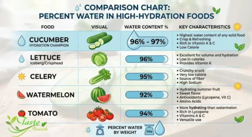 Cucumber Water Content Hydration: cucumber percent water versus lettuce, celery, watermelon, and tomato