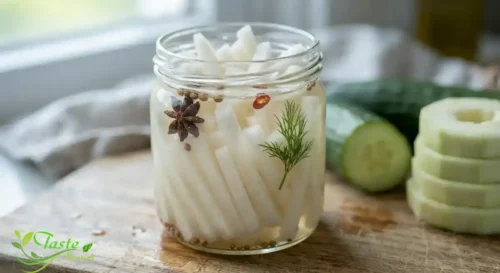 Daikon radish matchsticks being quick-pickled as a cucumber substitute